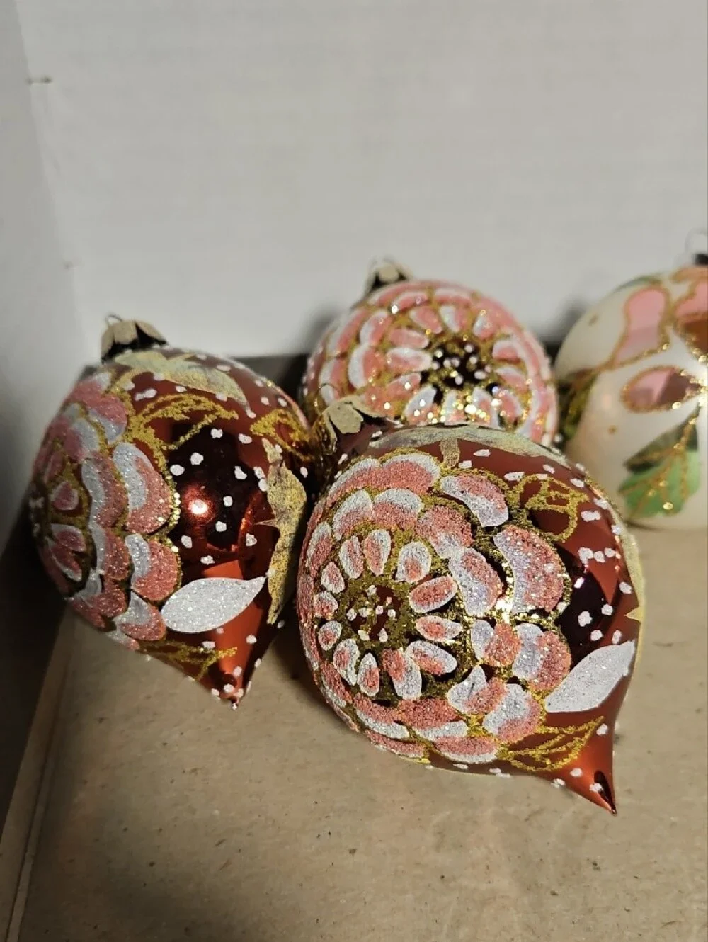 Hand-Painted Pink Floral Glass Christmas Ornaments - Mixed Set of 7